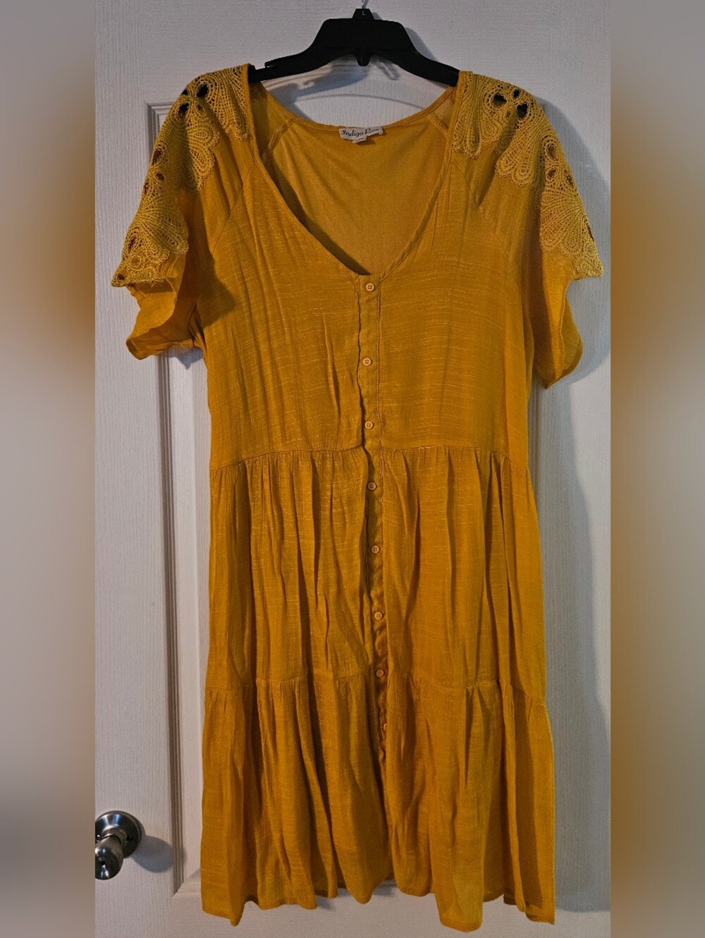 Women’s Mustard Button-Front Midi Dress with Lace Shoulders